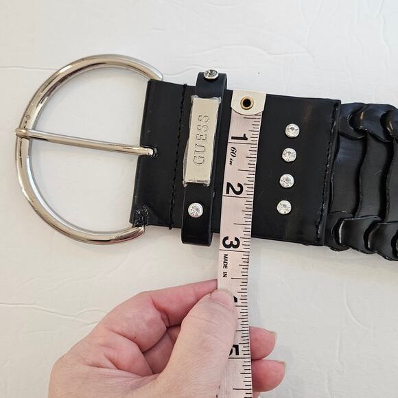 Guess Black Faux Leather Wide Belt Rhinestones Womens Medium Bold Goth Night Out - Picture 8 of 11